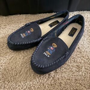 Polo by Ralph Lauren Navy Bear Embroidered Suede Slip-Ons